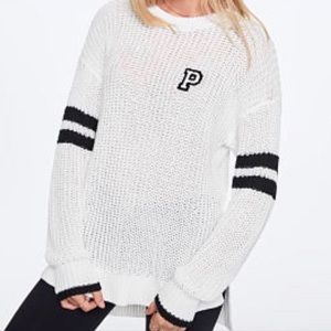 ‼️ISO‼️ Victoria’s Secret Pink Crew Neck Varsity Sweater ~ Med. ~ White